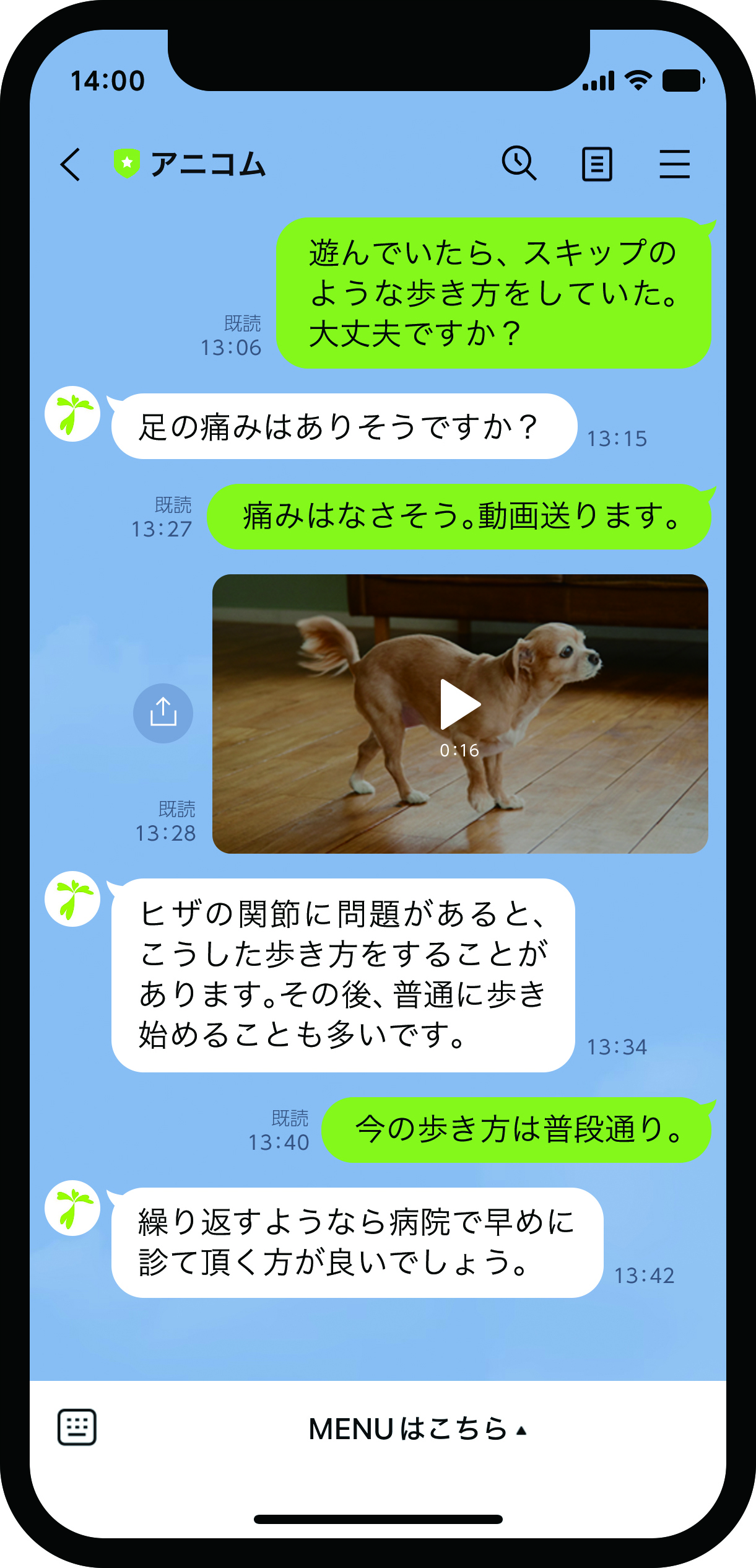 どうぶつホットライン　LINEでの相談画面　写真や動画での相談