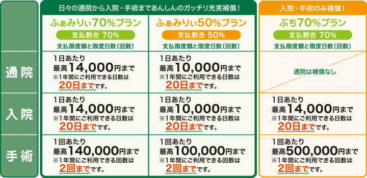 通院・入院・手術の支払限度額および限度日数(回数)